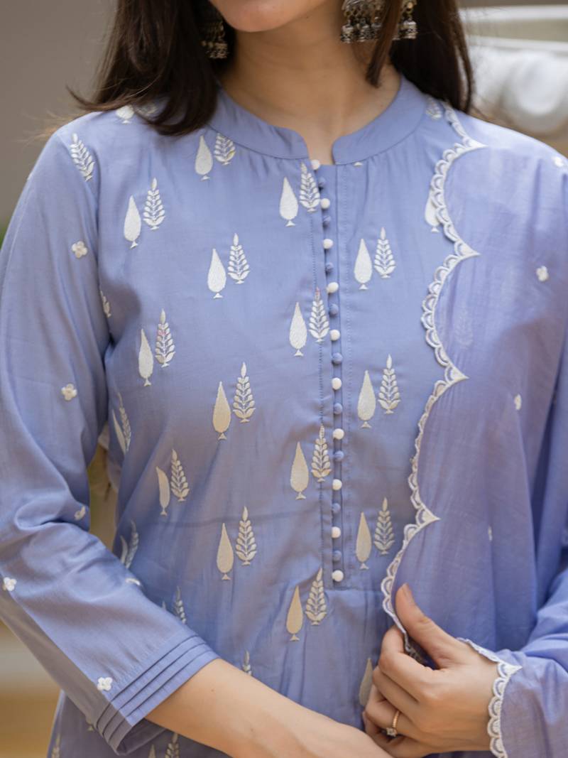 Blue color silk blend embroidered work fancy kurta bottom and dupatta set