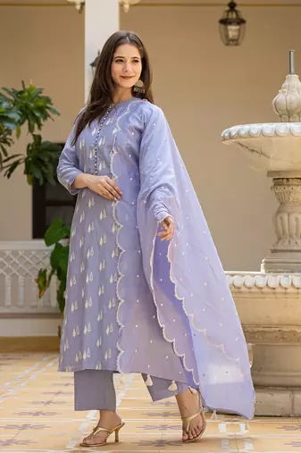 Blue color silk blend embroidered work fancy kurta bottom and dupatta set