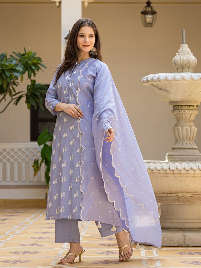 Blue color silk blend embroidered work fancy kurta bottom and dupatta set