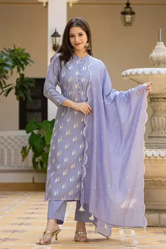 Blue color silk blend embroidered work fancy kurta bottom and dupatta set