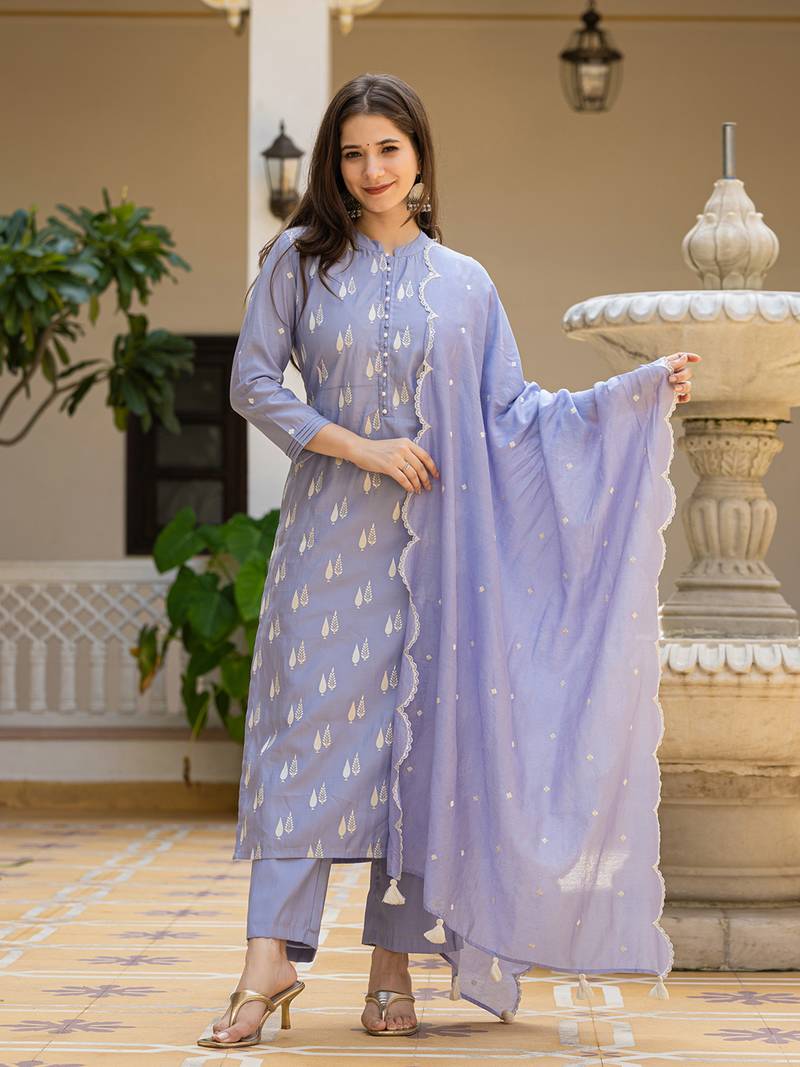 Blue color silk blend embroidered work fancy kurta bottom and dupatta set