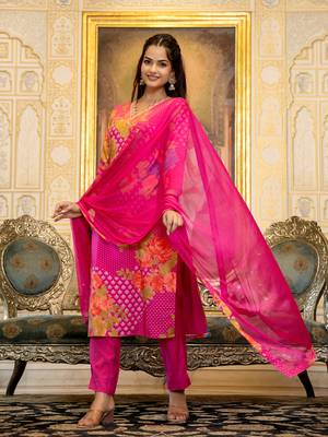 Pink color silk blend printed work fancy kurta bottom and dupatta set 1