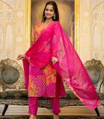 Pink color silk blend printed work fancy kurta bottom and dupatta set