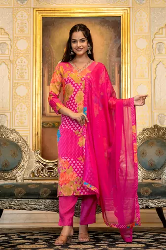 Pink color silk blend printed work fancy kurta bottom and dupatta set