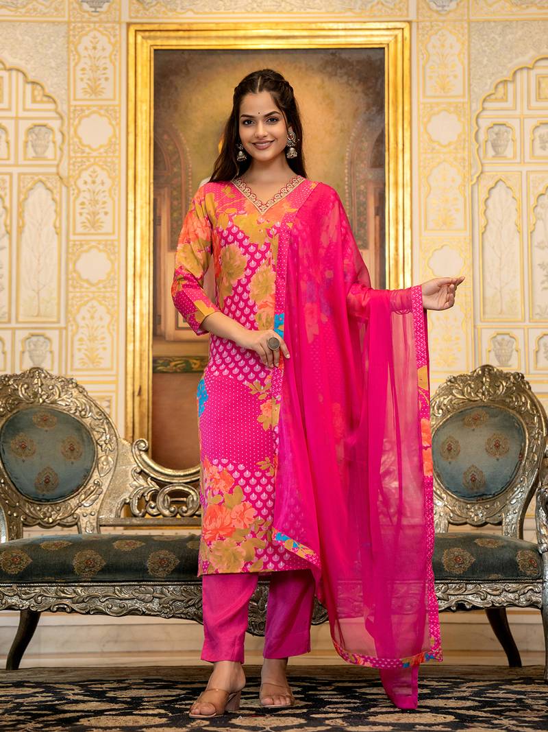Pink color silk blend printed work fancy kurta bottom and dupatta set