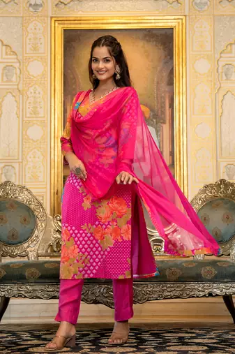 Pink color silk blend printed work fancy kurta bottom and dupatta set