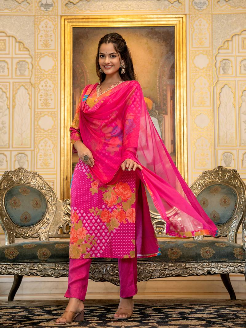 Pink color silk blend printed work fancy kurta bottom and dupatta set