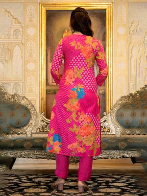 Pink color silk blend printed work fancy kurta bottom and dupatta set 4