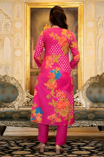 Pink color silk blend printed work fancy kurta bottom and dupatta set