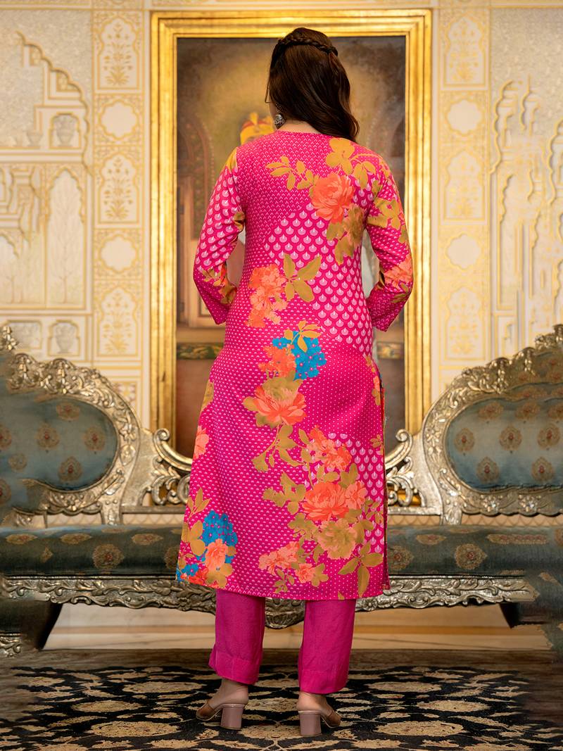 Pink color silk blend printed work fancy kurta bottom and dupatta set