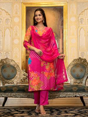 Pink color silk blend printed work fancy kurta bottom and dupatta set 5