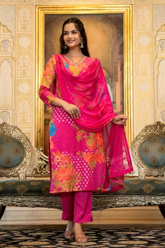 Pink color silk blend printed work fancy kurta bottom and dupatta set