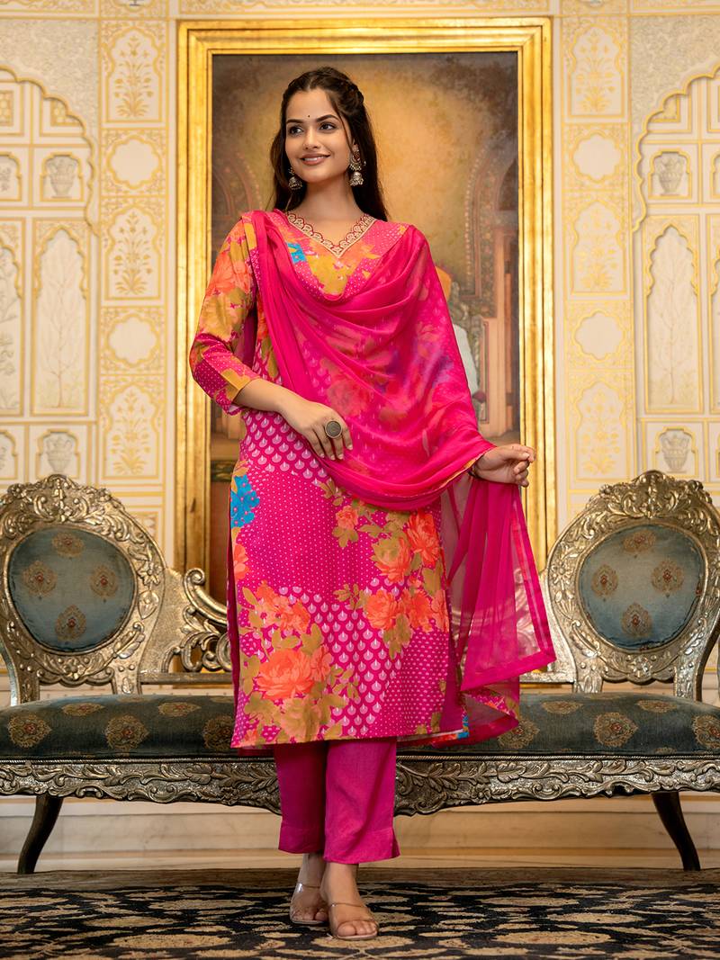 Pink color silk blend printed work fancy kurta bottom and dupatta set