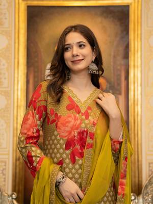 Green color silk blend printed work fancy kurta bottom and dupatta set 1