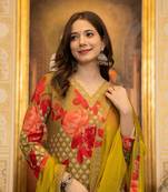 Green color silk blend printed work fancy kurta bottom and dupatta set