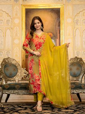 Green color silk blend printed work fancy kurta bottom and dupatta set 2