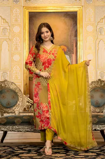 Green color silk blend printed work fancy kurta bottom and dupatta set