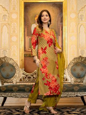 Green color silk blend printed work fancy kurta bottom and dupatta set 3