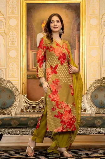 Green color silk blend printed work fancy kurta bottom and dupatta set