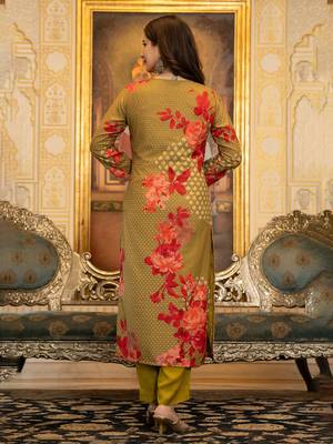 Green color silk blend printed work fancy kurta bottom and dupatta set 4
