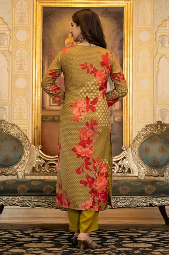 Green color silk blend printed work fancy kurta bottom and dupatta set