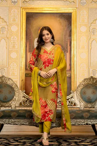 Green color silk blend printed work fancy kurta bottom and dupatta set
