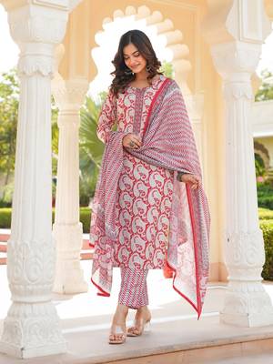 Women Red color cotton blend printed work fancy kurta bottom and dupatta set 1