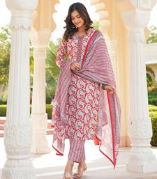 Women Red color cotton blend printed work fancy kurta bottom and dupatta set