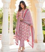 Women Red color cotton blend printed work fancy kurta bottom and dupatta set