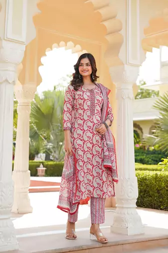 Women Red color cotton blend printed work fancy kurta bottom and dupatta set