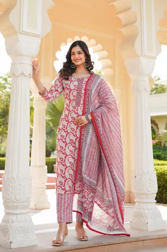 Women Red color cotton blend printed work fancy kurta bottom and dupatta set