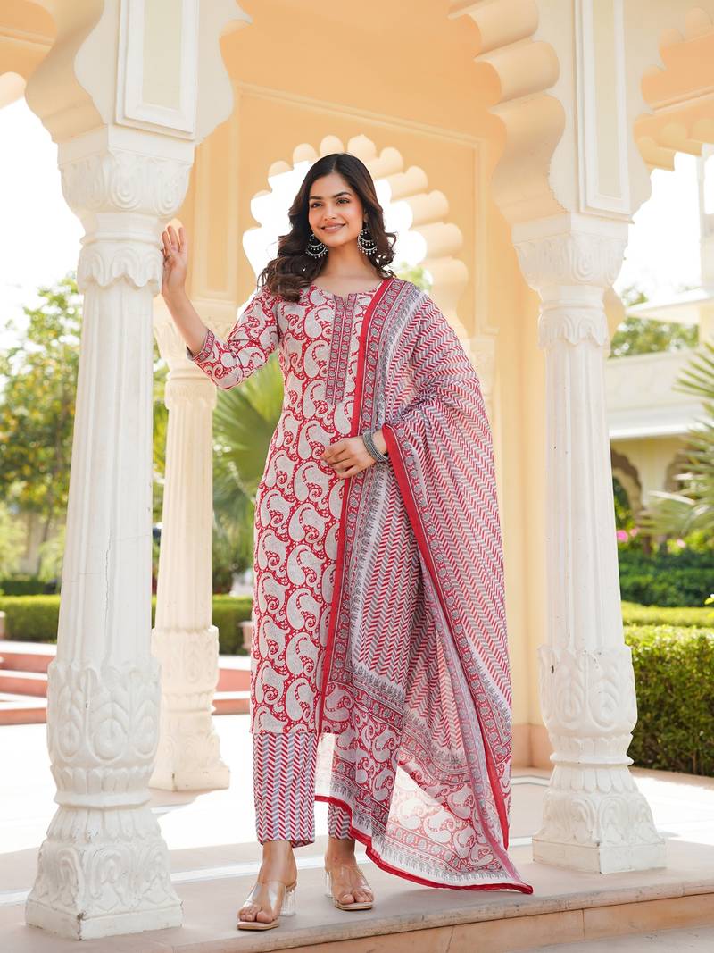 Women Red color cotton blend printed work fancy kurta bottom and dupatta set