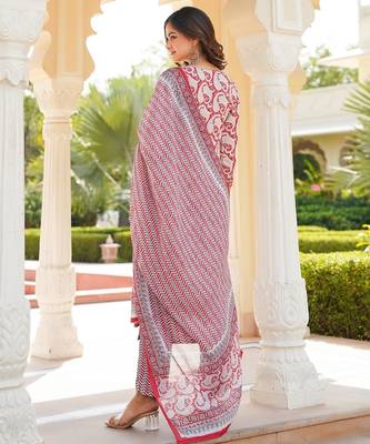 Women Red color cotton blend printed work fancy kurta bottom and dupatta set 4