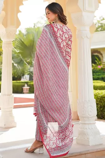 Women Red color cotton blend printed work fancy kurta bottom and dupatta set