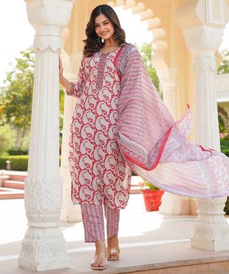 Women Red color cotton blend printed work fancy kurta bottom and dupatta set 5