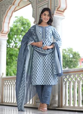Blue  cotton    embriodery  work straight  kurti pant dupatta set 2