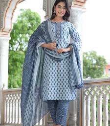 Blue  cotton    embriodery  work straight  kurti pant dupatta set