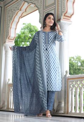 Blue  cotton    embriodery  work straight  kurti pant dupatta set 3