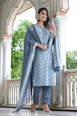 Blue  cotton    embriodery  work straight  kurti pant dupatta set 4