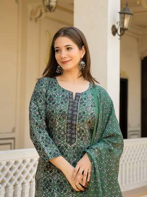Green color cotton blend printed work fancy kurta bottom and dupatta set 1