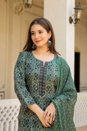 Green color cotton blend printed work fancy kurta bottom and dupatta set