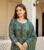 Green color cotton blend printed work fancy kurta bottom and dupatta set