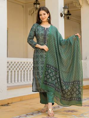 Green color cotton blend printed work fancy kurta bottom and dupatta set 2