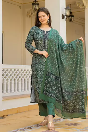 Green color cotton blend printed work fancy kurta bottom and dupatta set