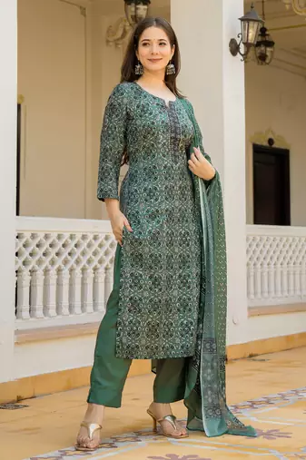 Green color cotton blend printed work fancy kurta bottom and dupatta set