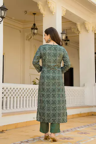 Green color cotton blend printed work fancy kurta bottom and dupatta set