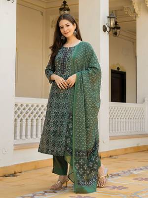 Green color cotton blend printed work fancy kurta bottom and dupatta set 5