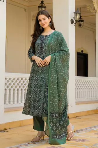 Green color cotton blend printed work fancy kurta bottom and dupatta set