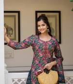 Women Green color cotton blend printed work fancy kurta bottom and dupatta set