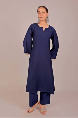 Women's royal blue kurti pajama set - embroidery patch on sleeve 1